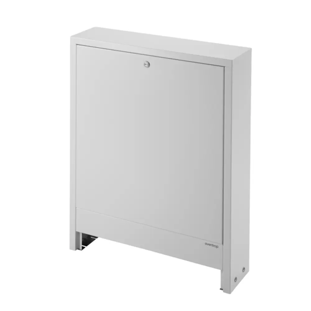 Weißer Verteilerschrank von Oventrop mit glatter Oberfläche und einem oberen Türgriff, optimal für die Wandmontage in Innenräumen.
